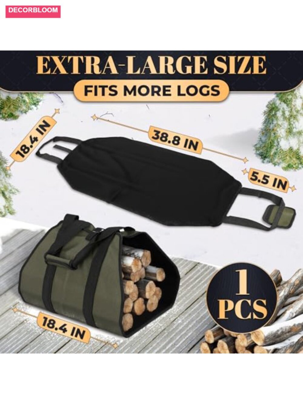 Waxed Canvas Firewood Log Carrier Tote Water-Resistant Foldable - Picture 2 of 5